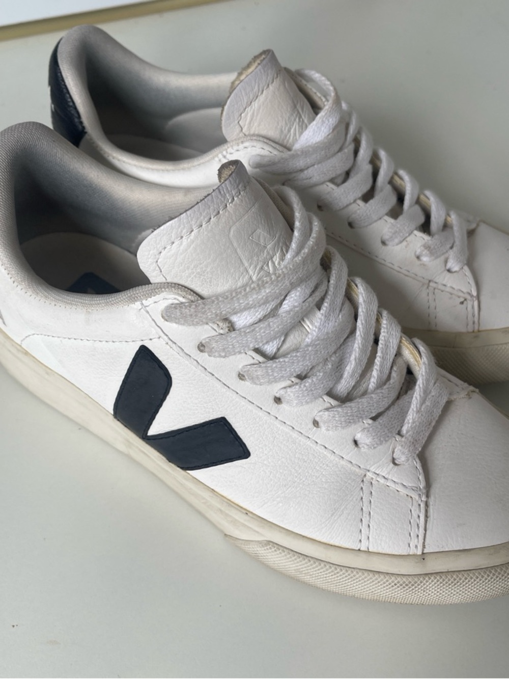 Veja Campo White Leather Sneakers with Navy V Accent - Picture 3 of 7